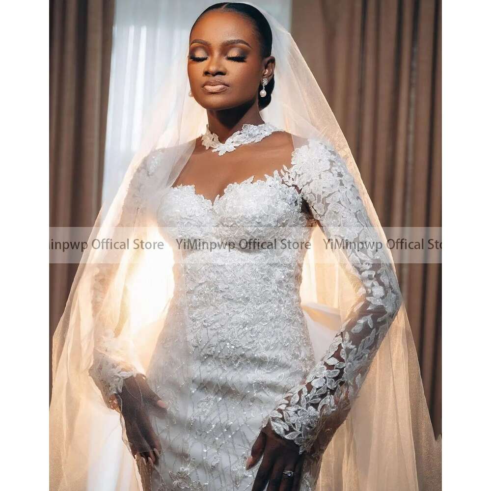 Shinny Mermaid Wedding Dresses for Bride African Bridal Gowns O Neck Long Sleeve Sweep Train Lace Appliques Sequined Beads