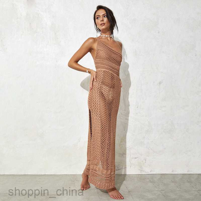 Basic Casual Women Dresses Summer New Beach Skirt Women's Solid Color Sexy Oblique Shoulder Knitted Hollow out Bikini Swimsuit Cover Up Sun Prote