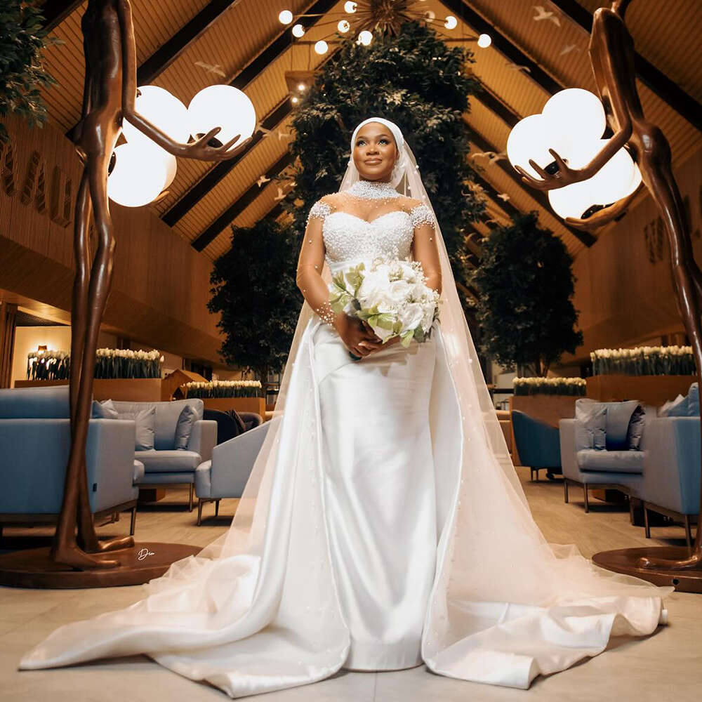 Aso Ebi Mermaid Wedding Dresses with Detachable Train High Neck Long Sleeves See Through Beading Africa Chapel Bridal Gowns