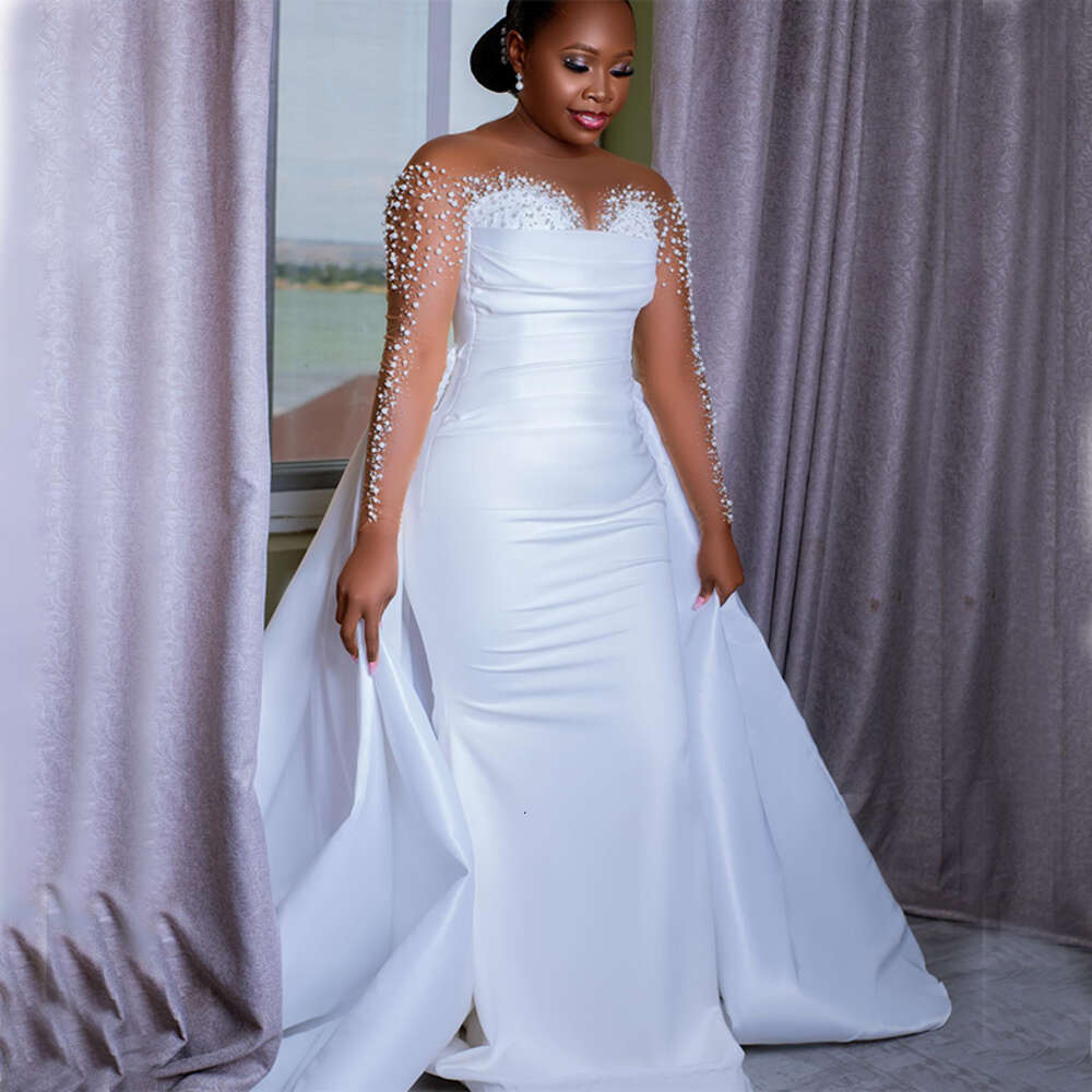 Shinny White Mermaid special Dresses with Detachable Train Sheer Neck Long Sleeves Pearls Beading Africa Bridal Gowns
