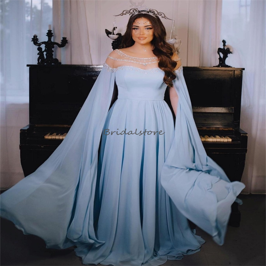 Eleagnt Abaya Dubai Arabic Evening Dress2024 With Crystal Moroccan Kaftan Blue Kosovo Prom Dress Chiffon Formal Birthday Gown Caftan Sleeves Reception
