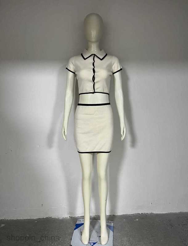 Two Piece Dress Sets Summer Women's Short sleeved Black Contrast Edge Knitted Cardigan Hip Wrap Short Skirt Set