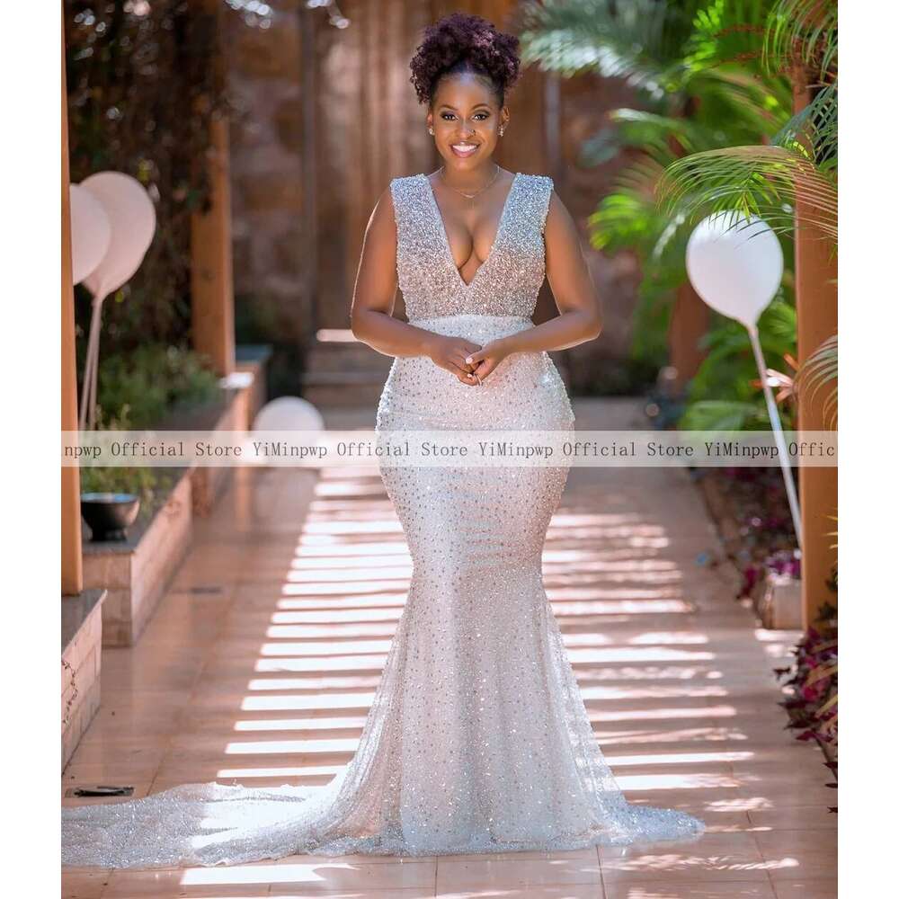 Mermaid Boho Dresses V Neck Backless Sweep Train Pearls Sequin Bridal Gowns After Special Reception Dress For Bride