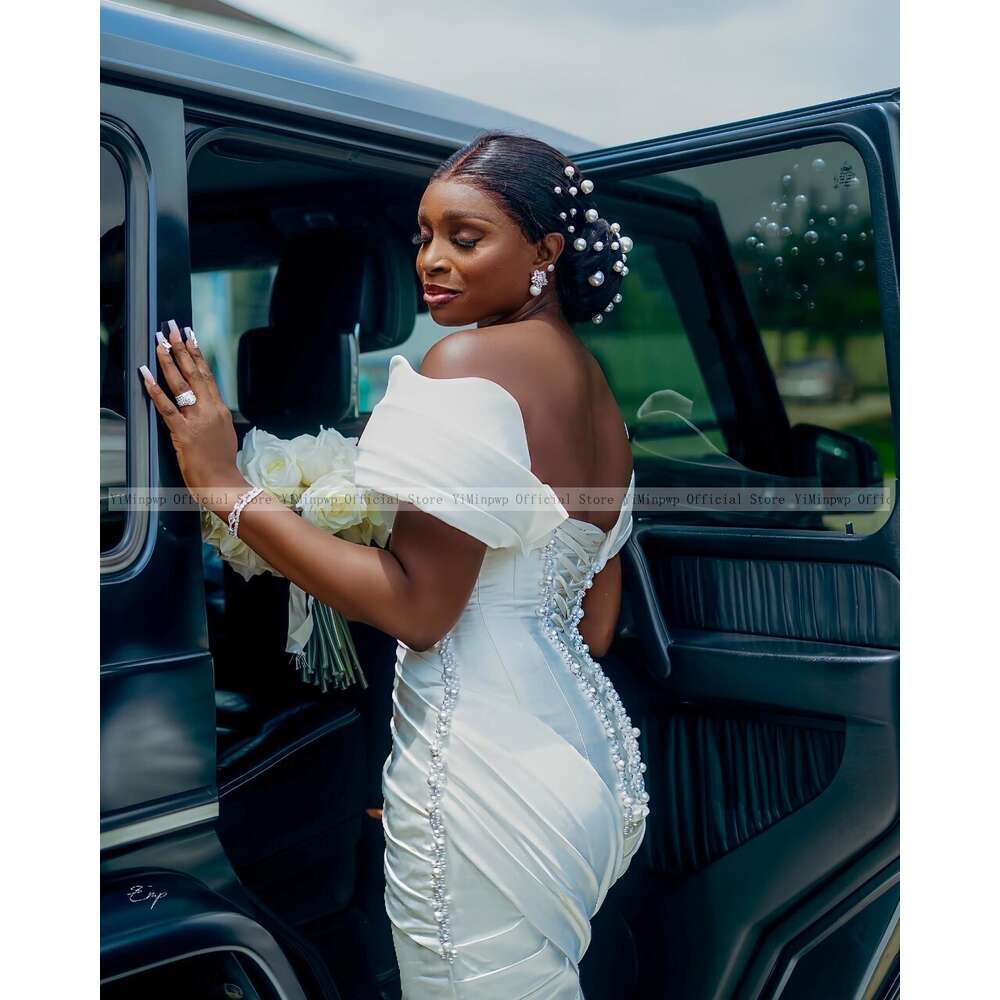 Summer Satin Mermaid Wedding Dresses for Bride Off Shoulder Corset Sweep Train Pearls Pleats Africa Garden Country Bridal Gowns