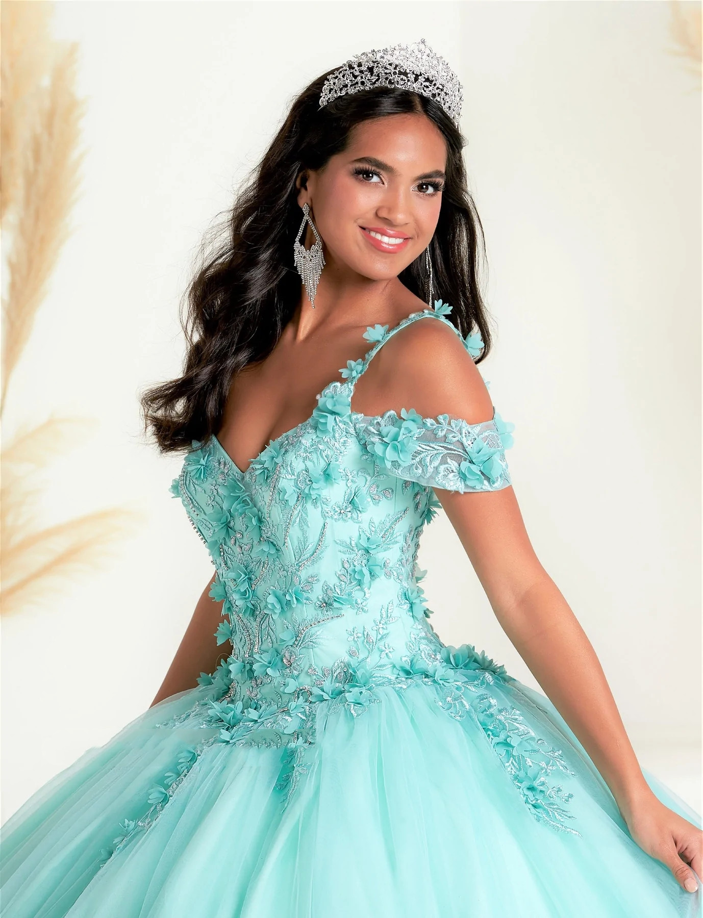 Mint Mexican Quinceanera Dresses Ball Gown Off The Shoulder Tulle Floral Beaded Puffy Charro Sweet 16 Dresses 15 Anos