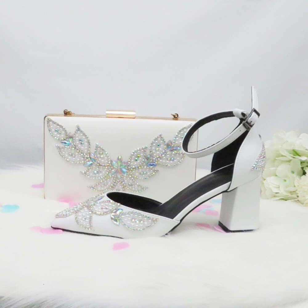 Baoyafang White Beads Pearl Wedding Bride Pointed Toe Square Thick High Heel Party Dress Shoes And Bag Set Ankle Strap