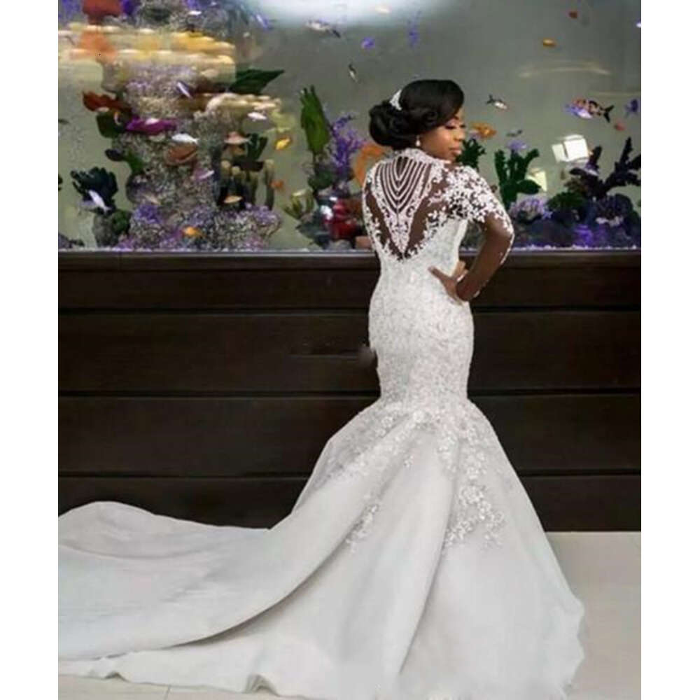 Africa Mermaid Wedding Dresses for Bride High Neck Long Sleeve Rhinestone Pearls Beading Appliques Bridal Gowns robes de mariee