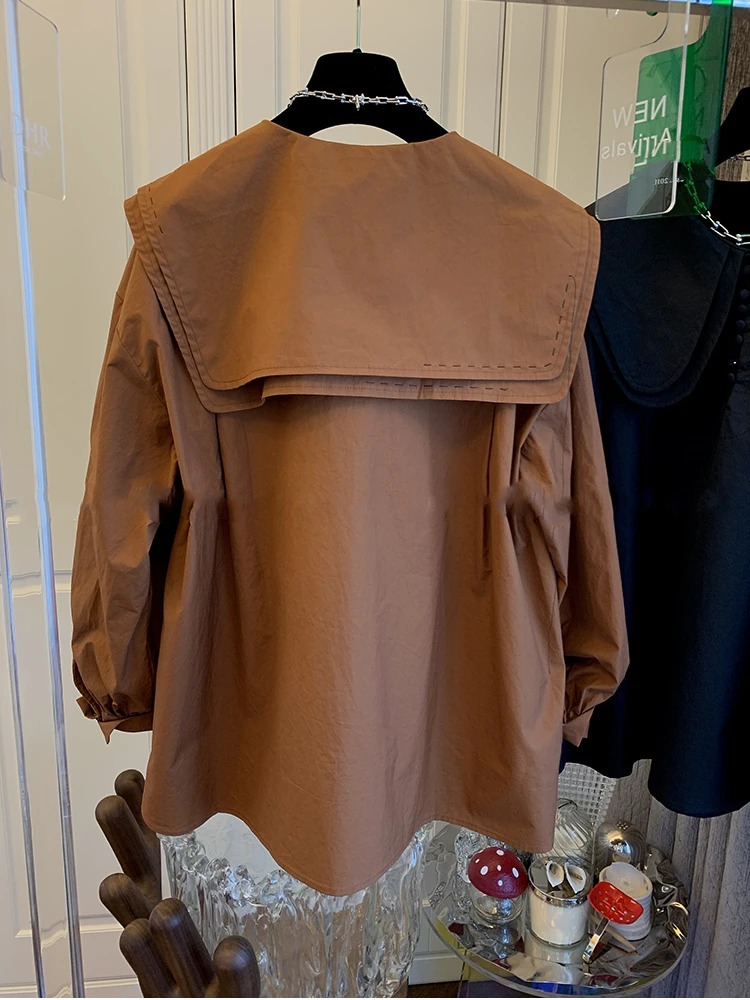 Spring and Autumn Retro Blouse Shirt Peter Pan Collar Lantern Sleeve Casual Top Female 240617