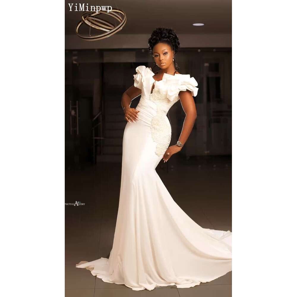 Elegant Mermaid special Dresses for Bride Off Shoulder Corset Back Sweep Train Pleats Beads Aso ebi Garden Country Bridal Gowns