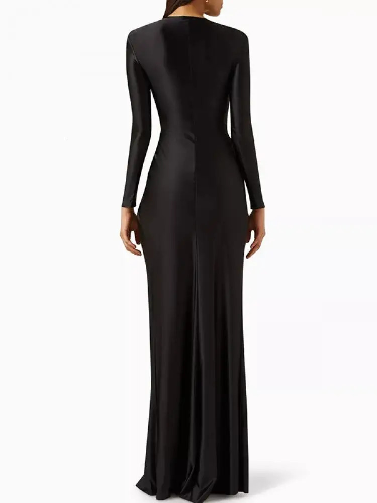 Yeezzi 2024 Female Tied Waist Deep V-Neck Pleated Prom Banquet Dress Spring Long Sleeves Elegant Party Evening Maxi Dresses 240617