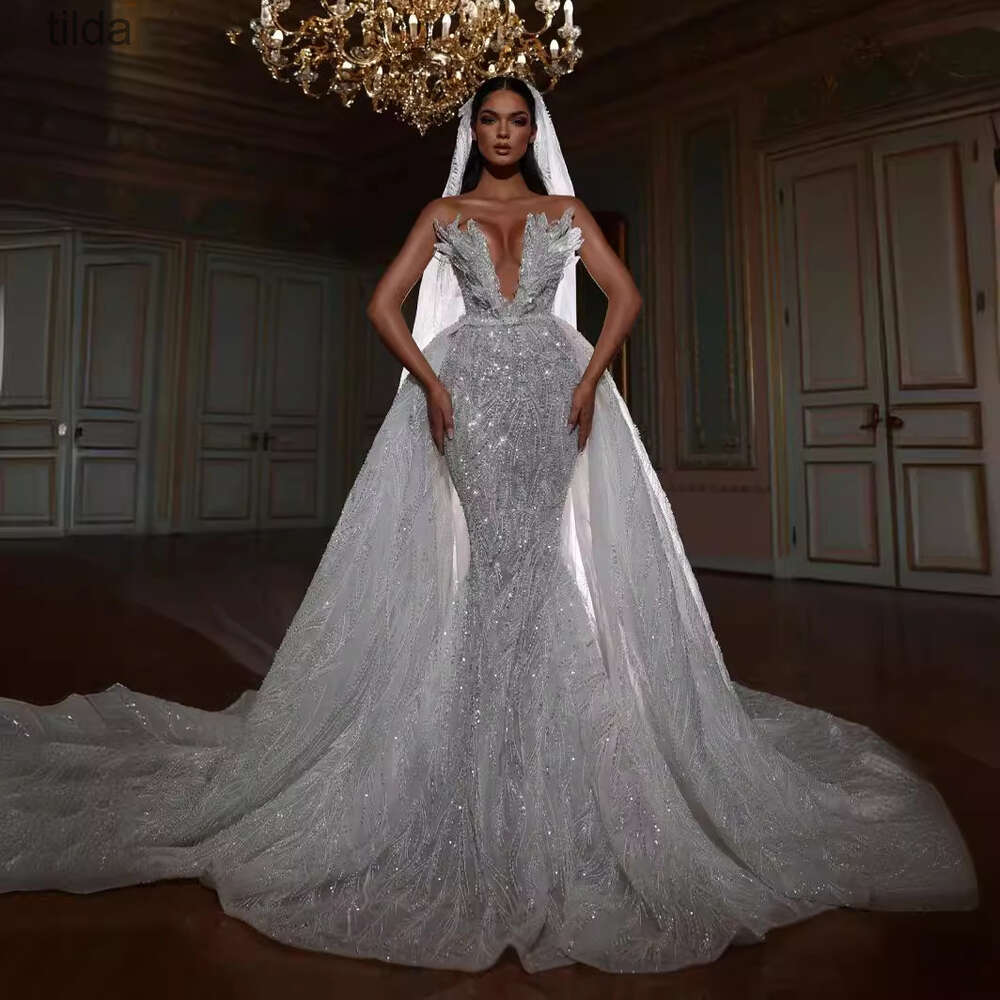 Quality Bridal Top Mermaid Wedding Spring/Summer Sequin Fishtail V-Neck Sleeveless Long Style Elegant Banquet Dress