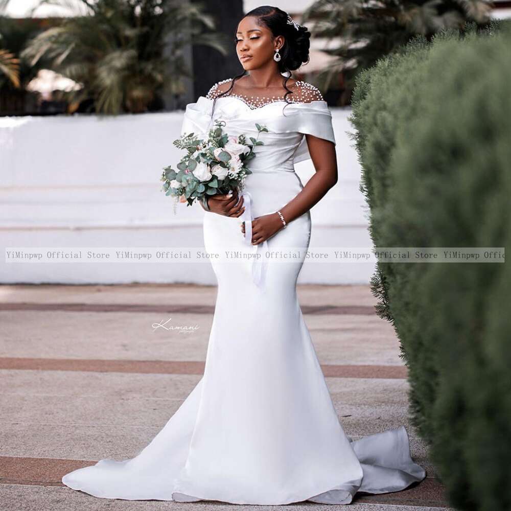 Clean White Mermaid Wedding Dresses for Bride Sheer Neck Sweep Train Pearls Beading Satin Africa Garden Beach Bridal Gowns