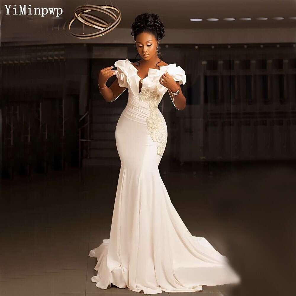 Elegant Mermaid special Dresses for Bride Off Shoulder Corset Back Sweep Train Pleats Beads Aso ebi Garden Country Bridal Gowns