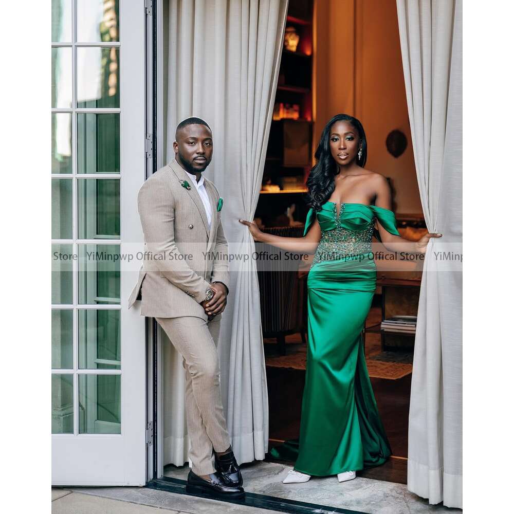 Green African Prom Dresses For Black Girls Off Shoulder With Overskirt Beading Pleats Formal Evening Party Gowns Robes De Soriee Mal