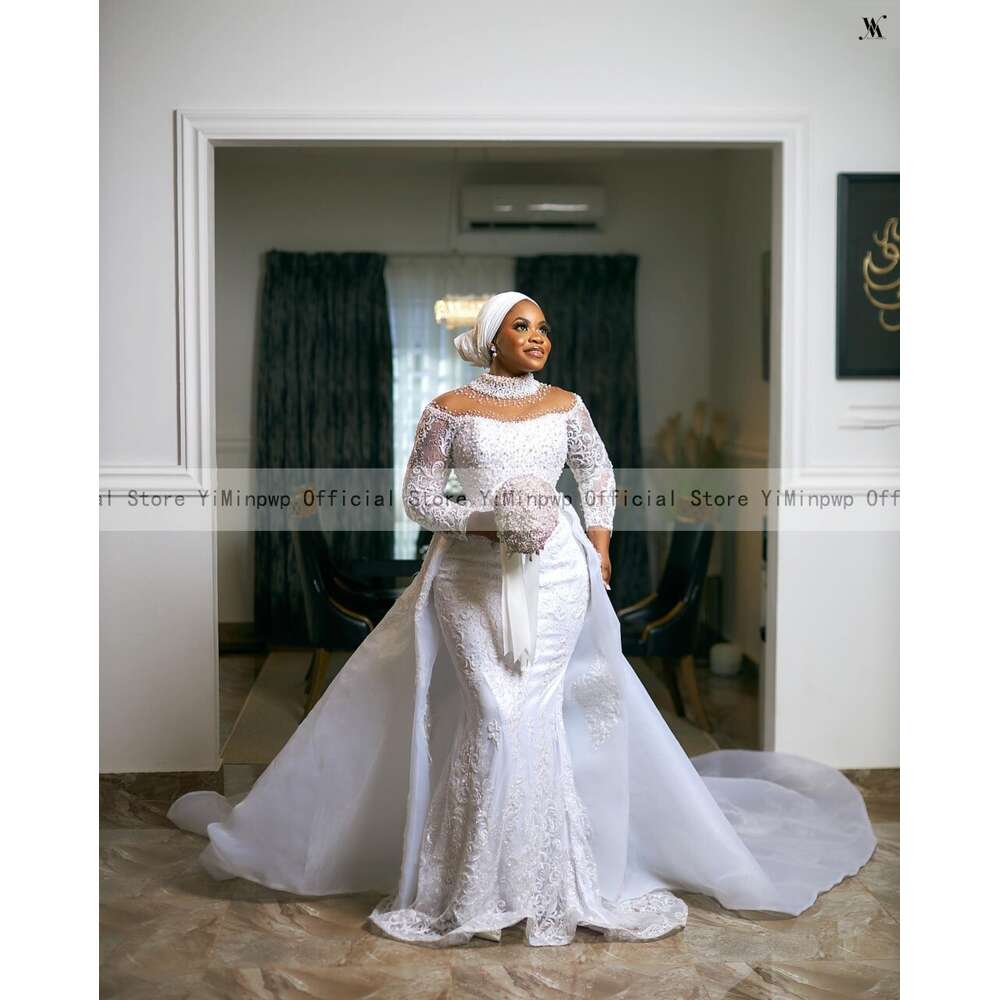 Modest Mermaid Wedding Dresses with Detachable Train Muslim Bridal Gowns High Neck Long Sleeve Lace Beading vestido de casamento