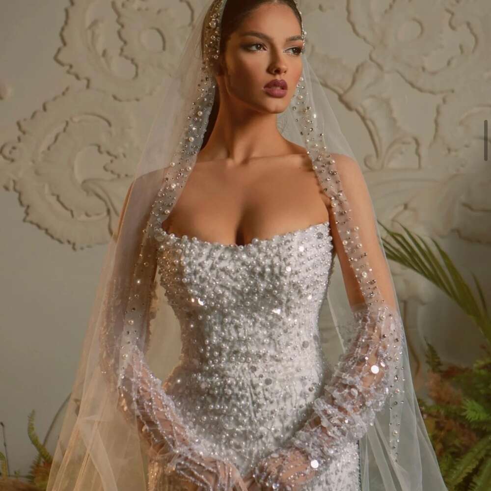 Sexy Strapless Sleeveless Bridal Dress Sparkly Sequins Pearls Wedding Gown Mermaid Long Bride Robe Vestido De Novia