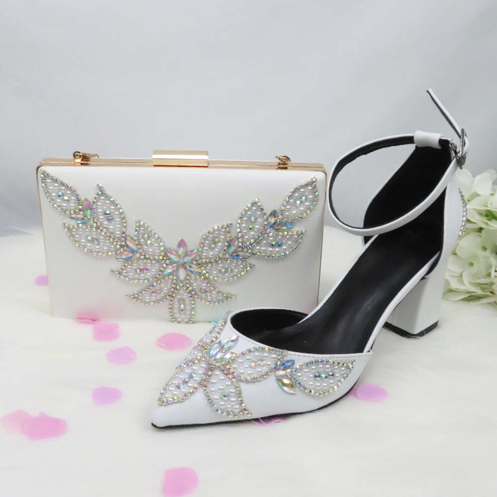 Baoyafang White Beads Pearl Wedding Bride Pointed Toe Square Thick High Heel Party Dress Shoes And Bag Set Ankle Strap