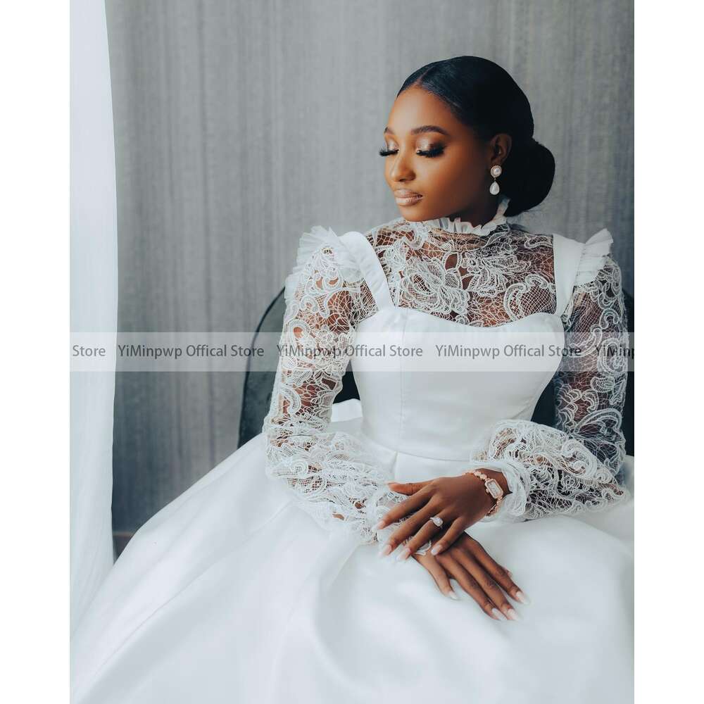 Sweet Wedding Dresses for Dark Skin Bride High Collar Long Sleeve Satin Lace Africa Garden Chruch Bridal Gowns robes de mariee