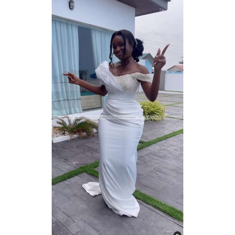 African Satin Mermaid special Dresses for Young Bride Off Shoulder Corset Pearls Beading Pleats Garden Summer Bridal Gowns