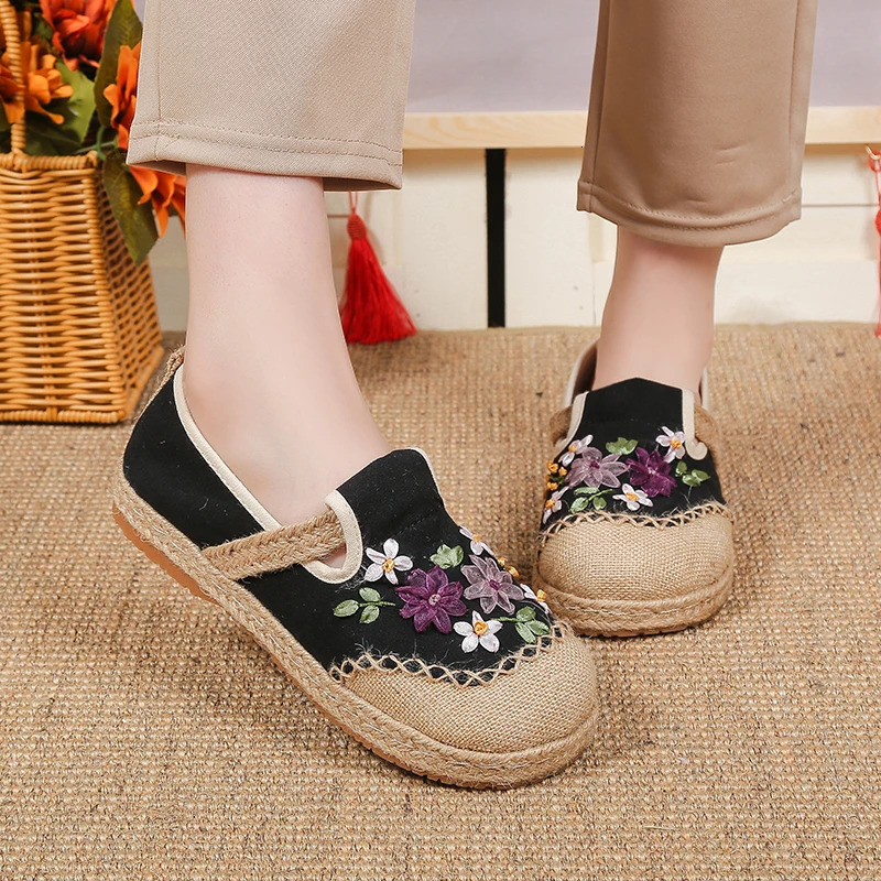 2024 Autumn Comfortable Canvas Casual Shoes Womens Embroidery Flowers Flats Womens Espadrille Shoes Womens 240615