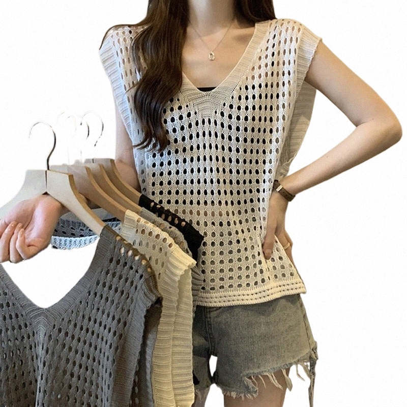v-neck Thin Hollow Plus Size Tank Knit Sweater Women Clothing Sleevel Top For External Wear Solid Casual Vest Summer New D2OS#