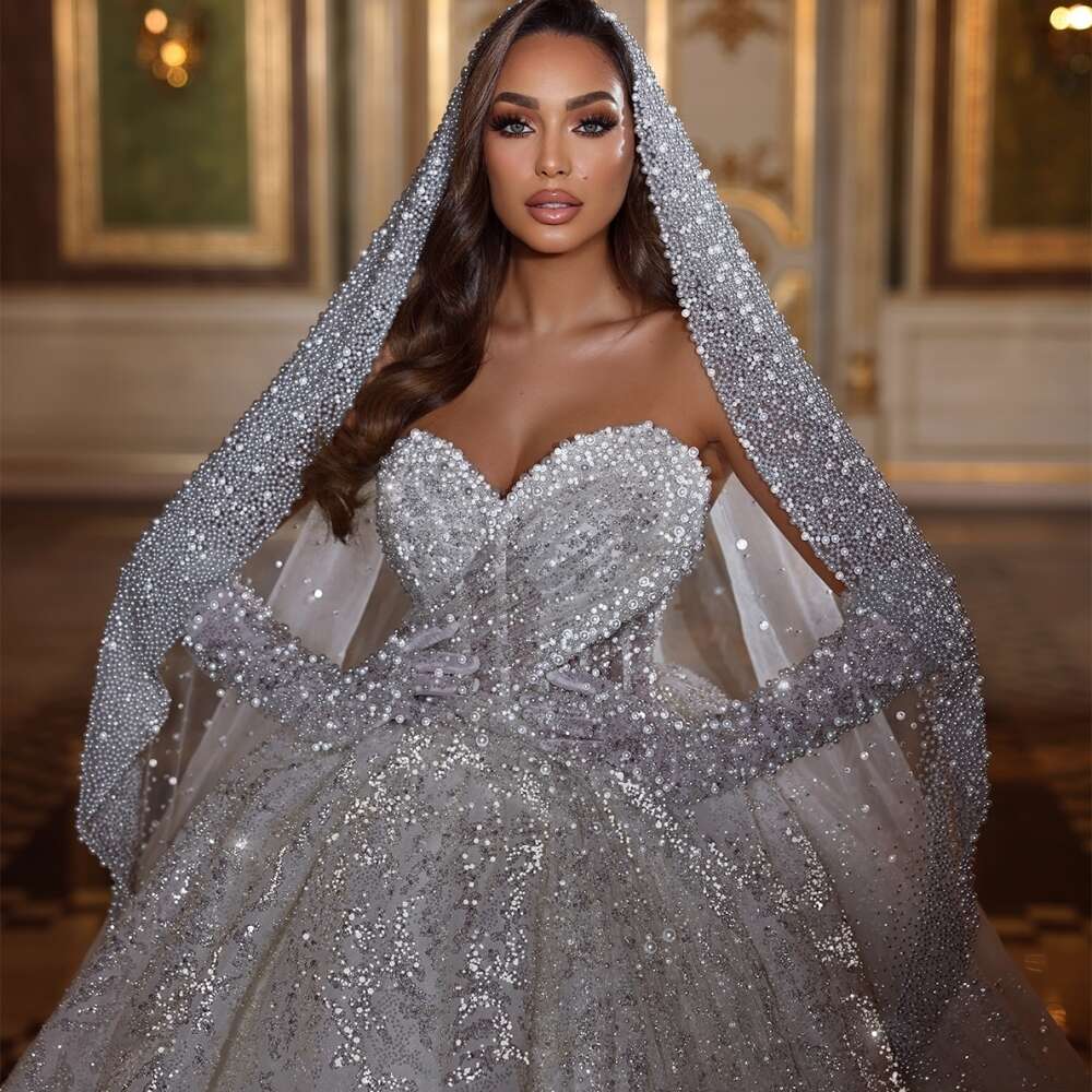 Sweetheart Romantic Neck Bridal Dress Sparkly Sequins Pearls Wedding Ball Gown Long Bride Robe Vestido De Novia