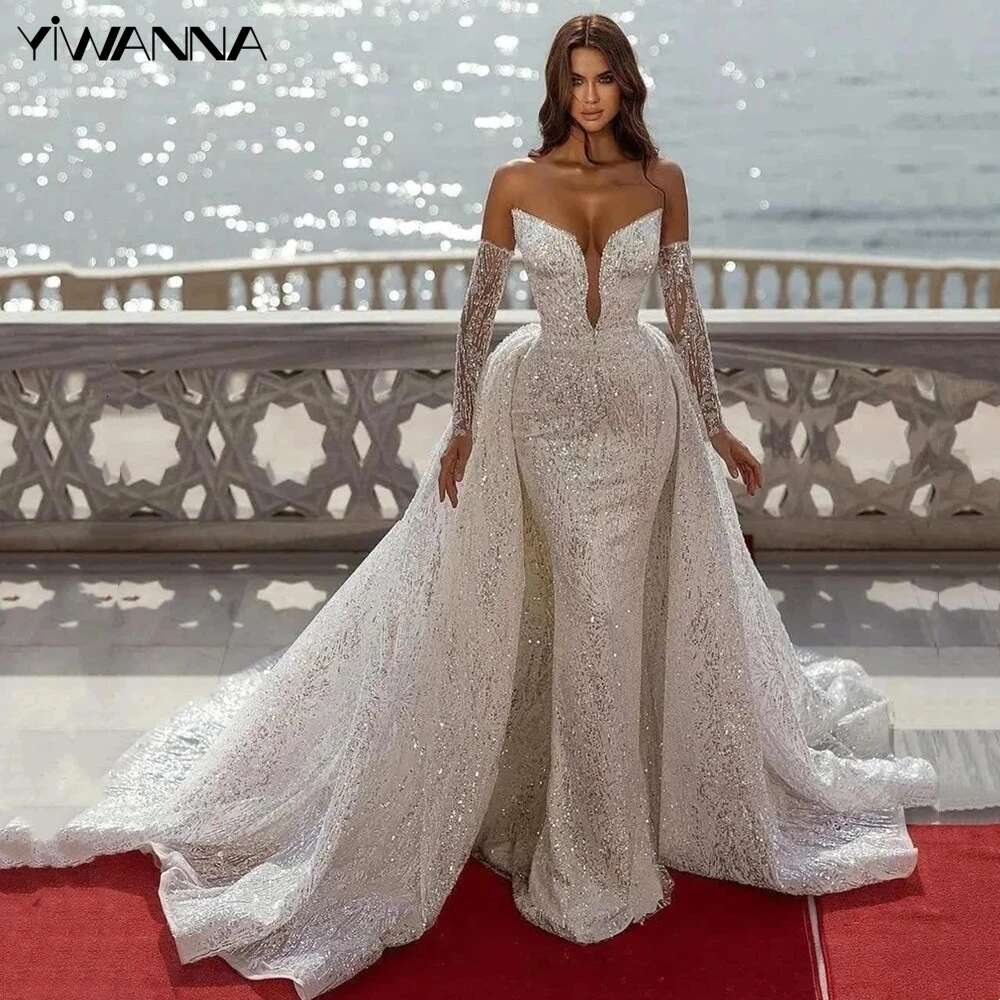 Sexy Deep V-neck Backless Wedding Dress Sparkly Sequins Beads Bride Robe 2024 Mermaid With Detachable Train Bridal Gown