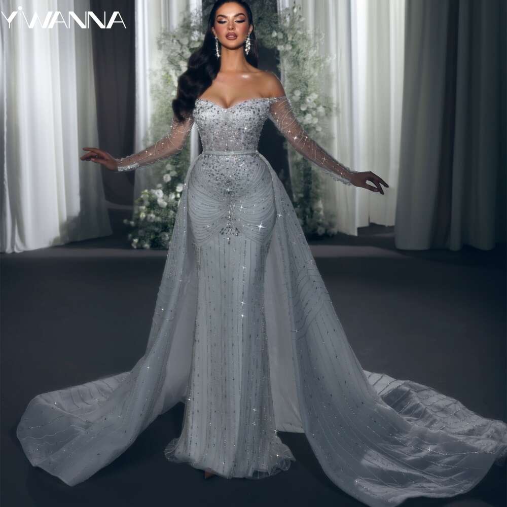 Graceful Off The Shoulder Bridal Dress Sparkly Sequins Beads Wedding Gown Mermaid Long Bride Robe Vestido De Novia