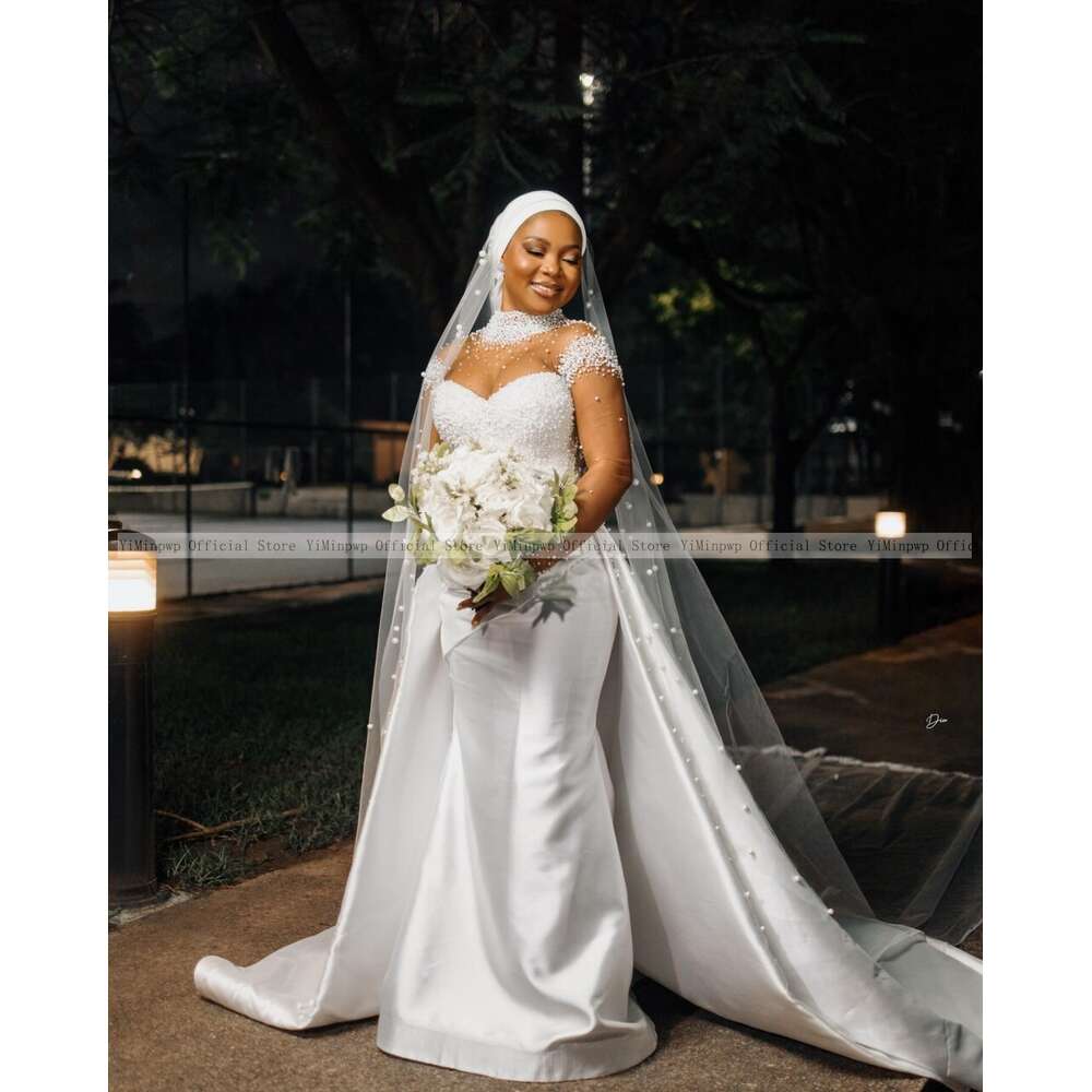 Aso Ebi Mermaid special Dresses with Detachable Train High Neck Long Sleeves See Through Beading Africa Chapel Bridal Gowns