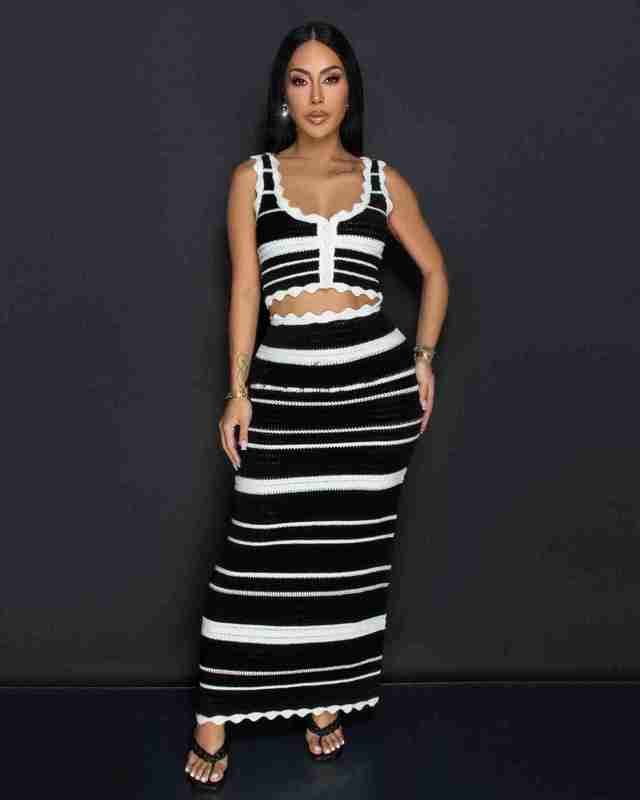Two Piece Dress Sets Striped Casual Tank Top Beach Bohemian Style Contrast Color Long Skirt Knitted Set for Women