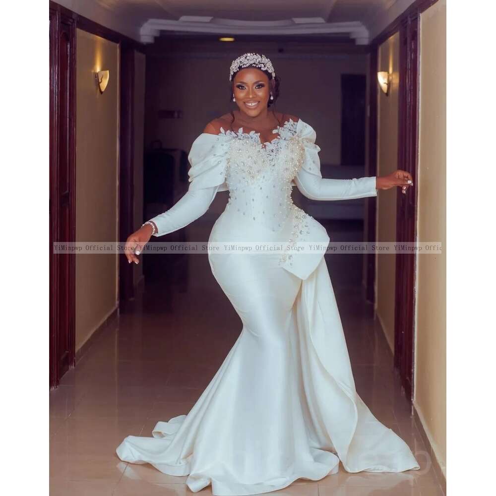 Africa Civil Mermaid special Dresses for Bride Sheer Neck Long Sleeve Sweep Train Pearls Beads Satin Bridal Gowns robes de marie