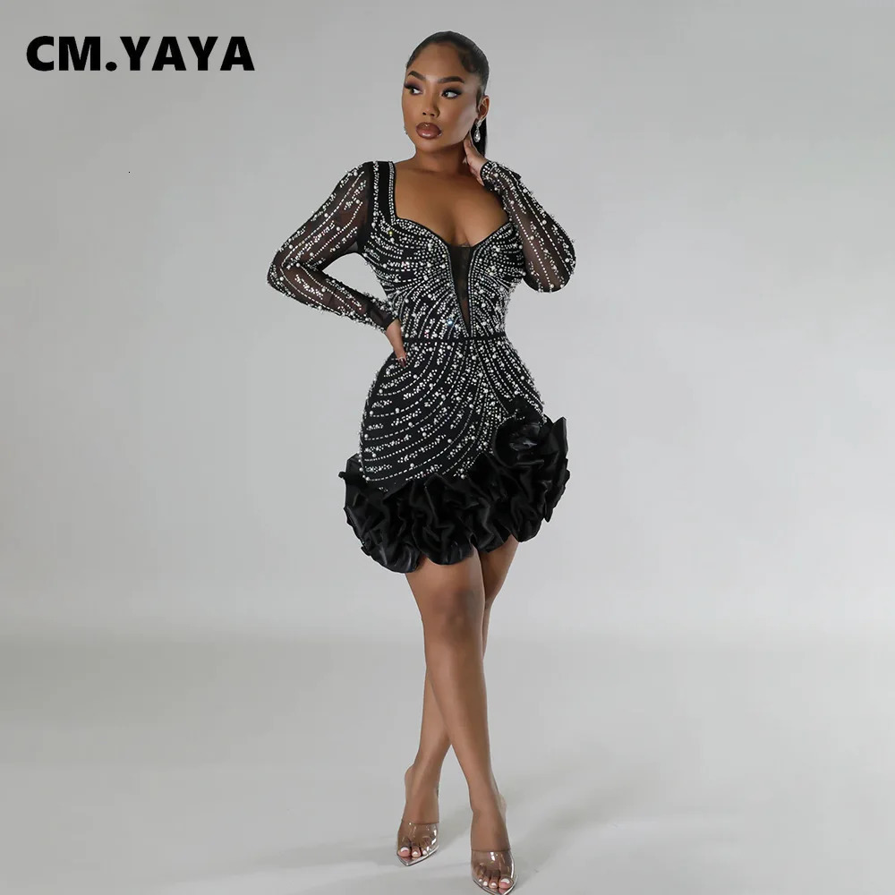 CM.YAYA Spring Women Long Sleeve Ruffles Drilling Bead Short Dress Sexy Night Club Evening Birthday Mini Dresses Vestidos 240617