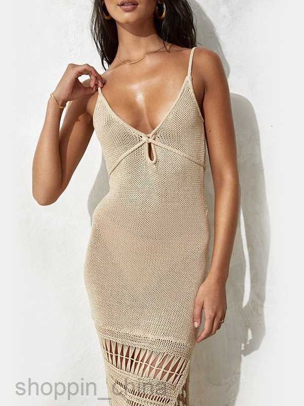 Basic Casual Women Dresses Summer New Beach Skirt Solid Color Sling Knitted Hollow Waist Fringe Mid length Skirt Swimwear Cover