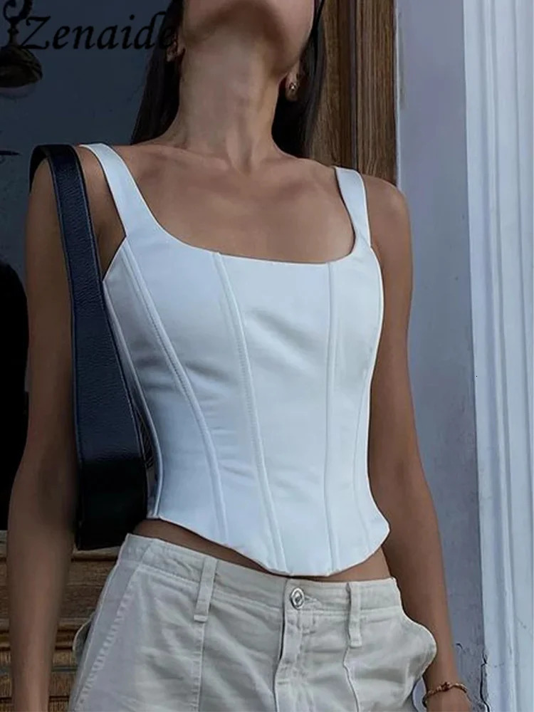 Zenaide Sexy Square Neck Satin Corset Crop Tops Summer Women Sleeveless Bandage Tank Top Camis Party Club 240617