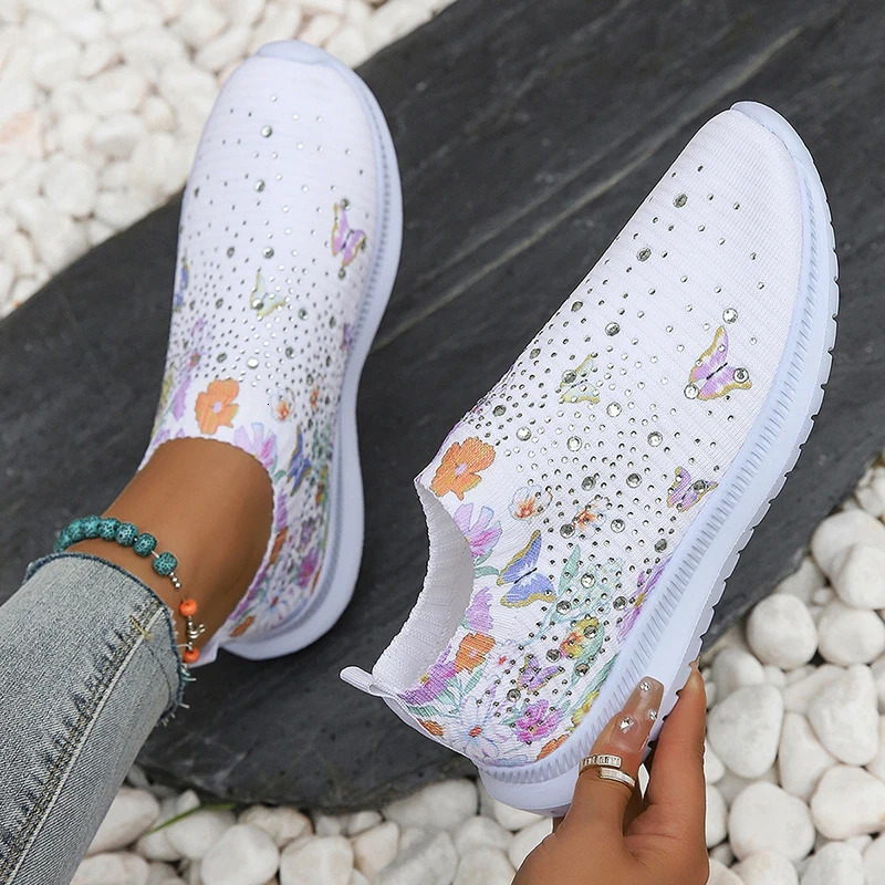 Womens Soft Print Apartment Autumn Breathable Knitted Platform Sports Shoes Womens Flower Casual Shoes Plus Size 43 240615