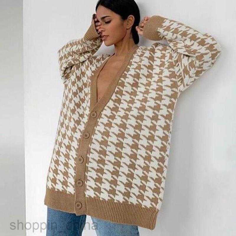 Women's Sweaters Autumn/Winter New Loose Bird Checker Long sleeved Single breasted Contrast Sweater Cardigan Coat for Women