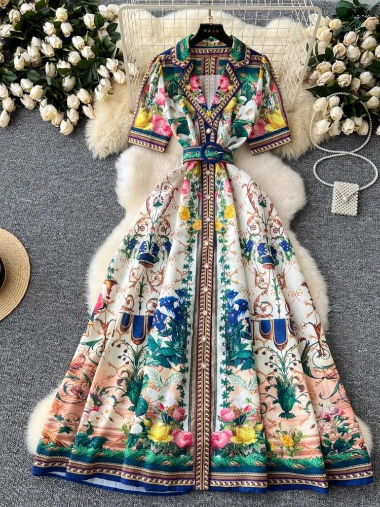Party Dresses Harajpee 2024 Summer Women Shirt Collar Single Breasted Waist Wrapped Large Hem Printed French Elegant Dress Vestido