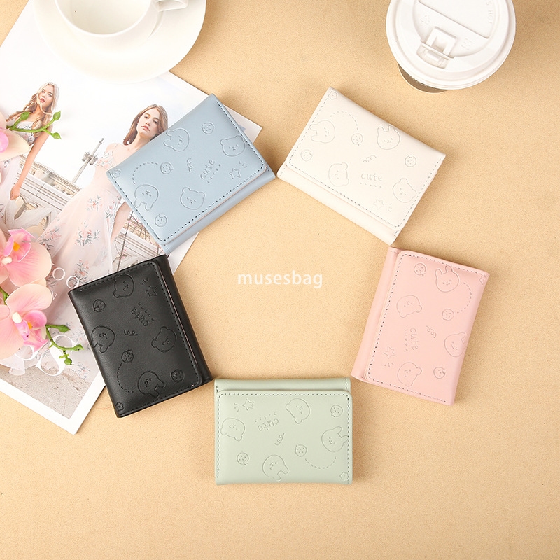 Fashionable Women's Designer Large Capacity Cute PU Wallet Instagram Short Cartoon Print Solid Color Small Fresh Card Bag Multi functional Three 