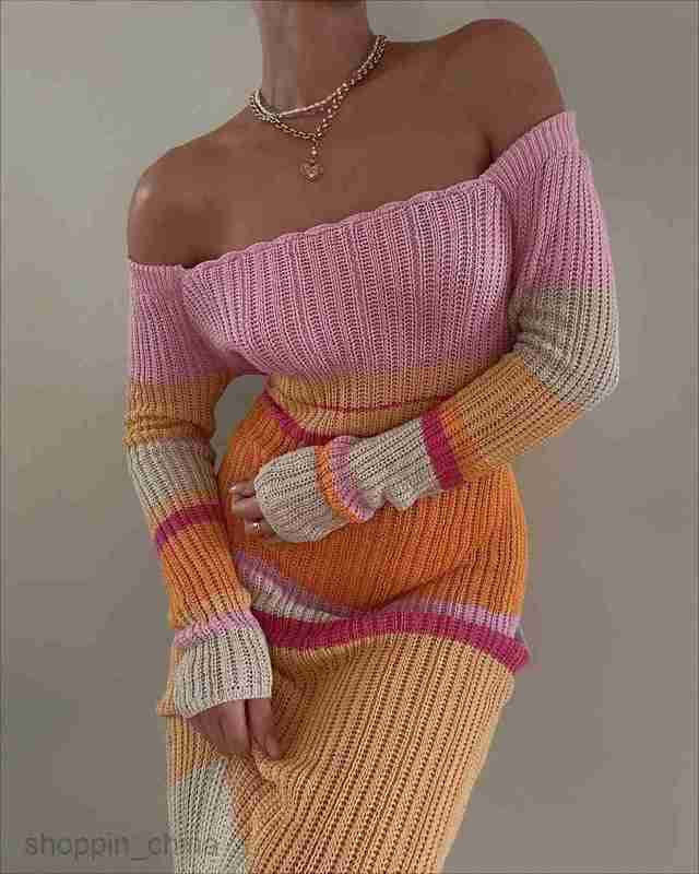 Basic Casual Women Dresses Long Color Contrast One line Neck Shoulder Hollow Beach Long Sleeve Knitted Stripe Dress for Women