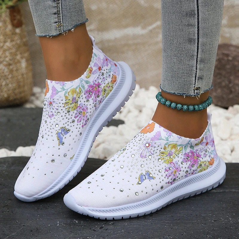 Womens Soft Print Apartment Autumn Breathable Knitted Platform Sports Shoes Womens Flower Casual Shoes Plus Size 43 240615