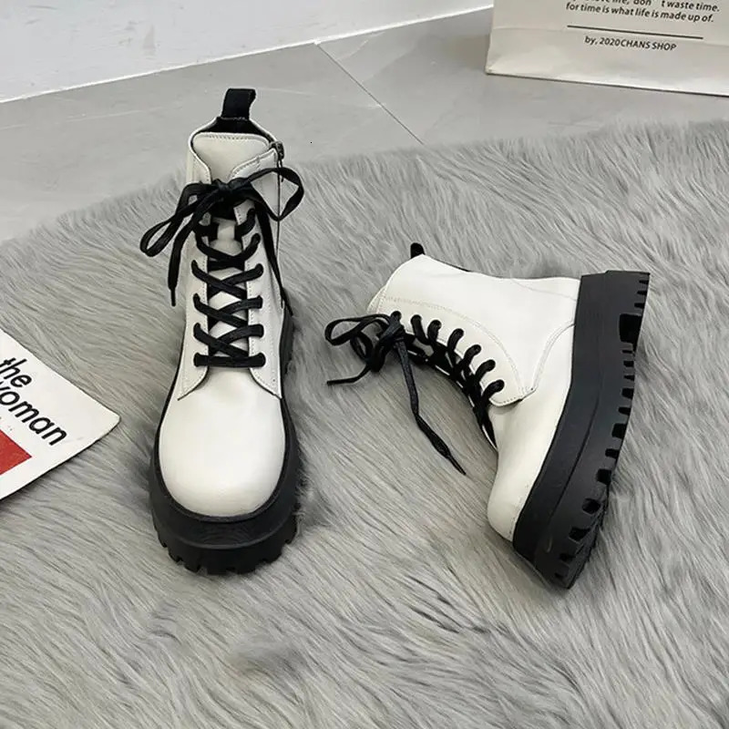 Footwear Combat Chunky Short Shoes for Women Work Booties Sneakers Female Ankle Boots Black Punk Style Leather White Platform Pu 240617