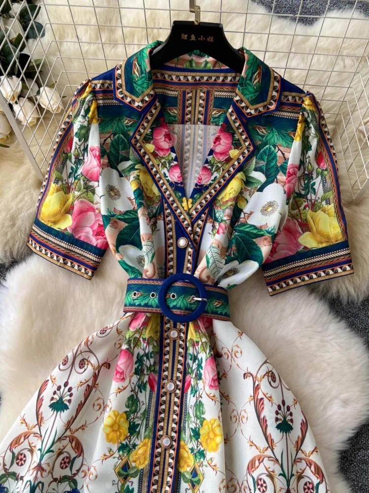 Party Dresses Harajpee 2024 Summer Women Shirt Collar Single Breasted Waist Wrapped Large Hem Printed French Elegant Dress Vestido