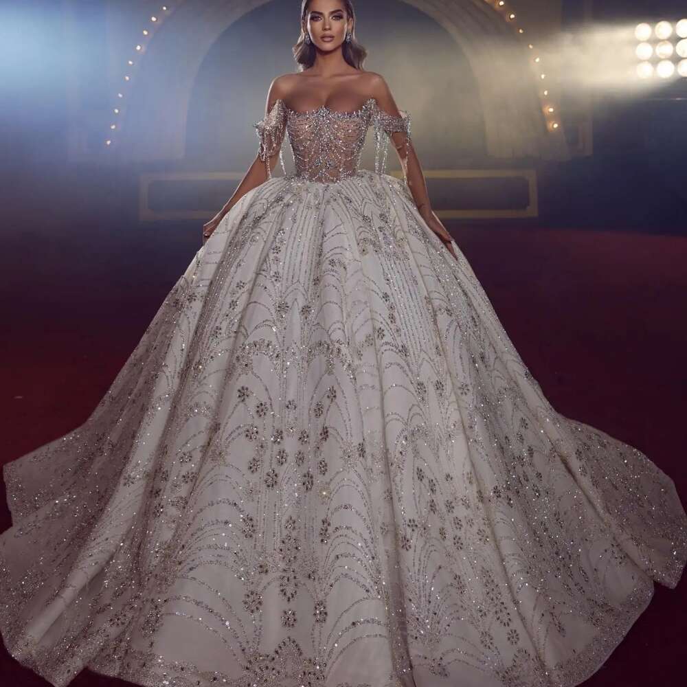 Graceful Off The Shoulder Bridal Dress Sparkly Sequins Beads special Crystal Ball Gown Bride Robe Vestido De Novia