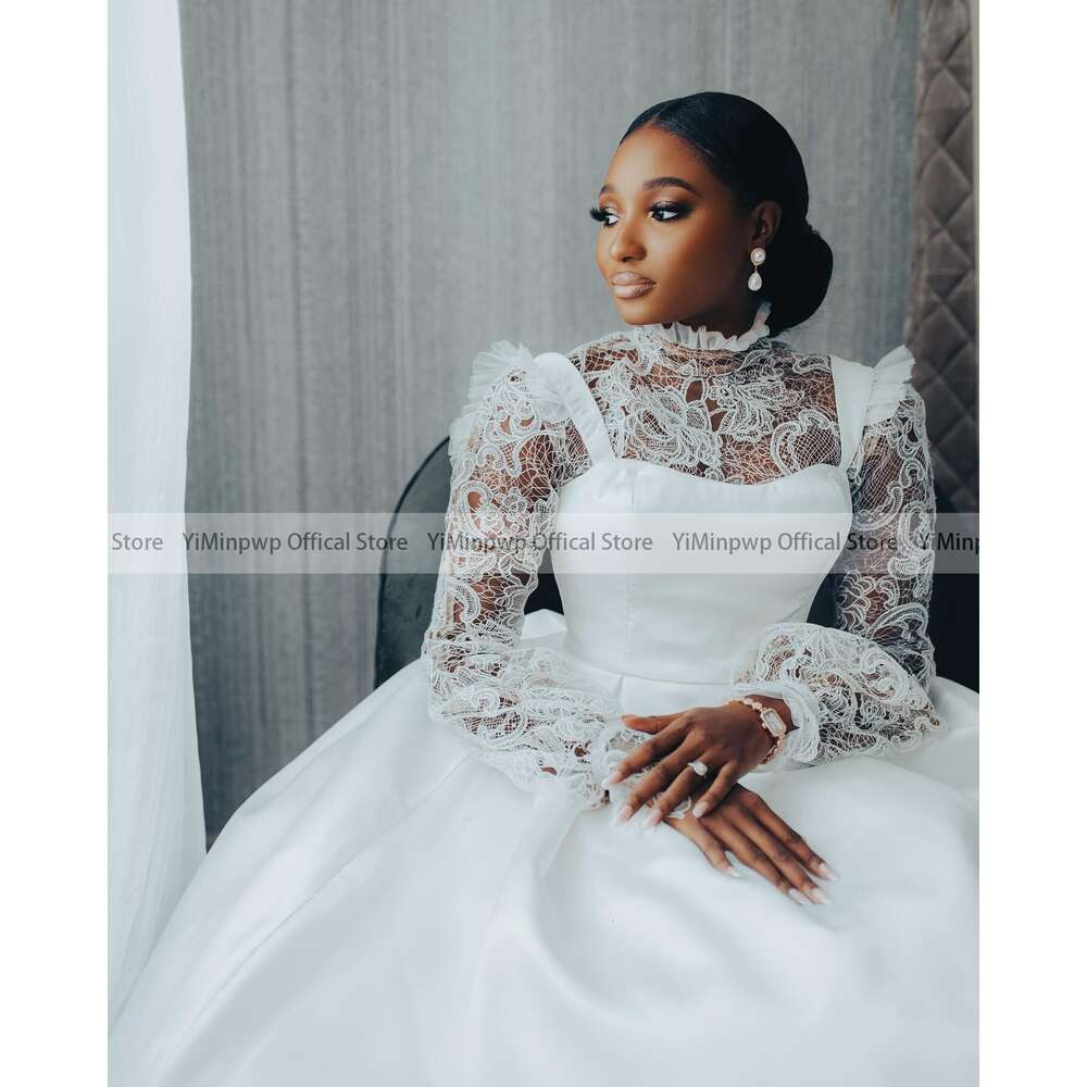 Sweet Wedding Dresses for Dark Skin Bride High Collar Long Sleeve Satin Lace Africa Garden Chruch Bridal Gowns robes de mariee
