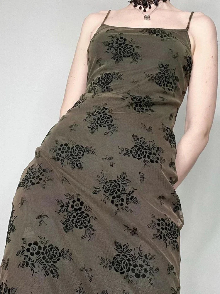 Y2K Retro Fashion Strap Printing Summer Maxi Dress Women Fairycore Grunge Chic Party Long Mesh Dresses Gothic Clothes 240615