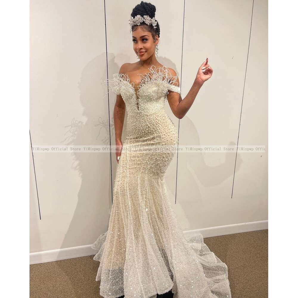 Lavish Mermaid special Reception Dresses for Bride Off Shoulder Sweep Train Pearls Sequined Beading African Bridal Gowns Bespoke