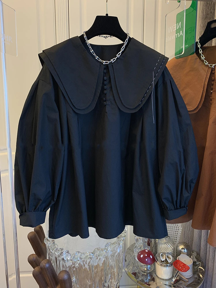 Spring and Autumn Retro Blouse Shirt Peter Pan Collar Lantern Sleeve Casual Top Female 240617