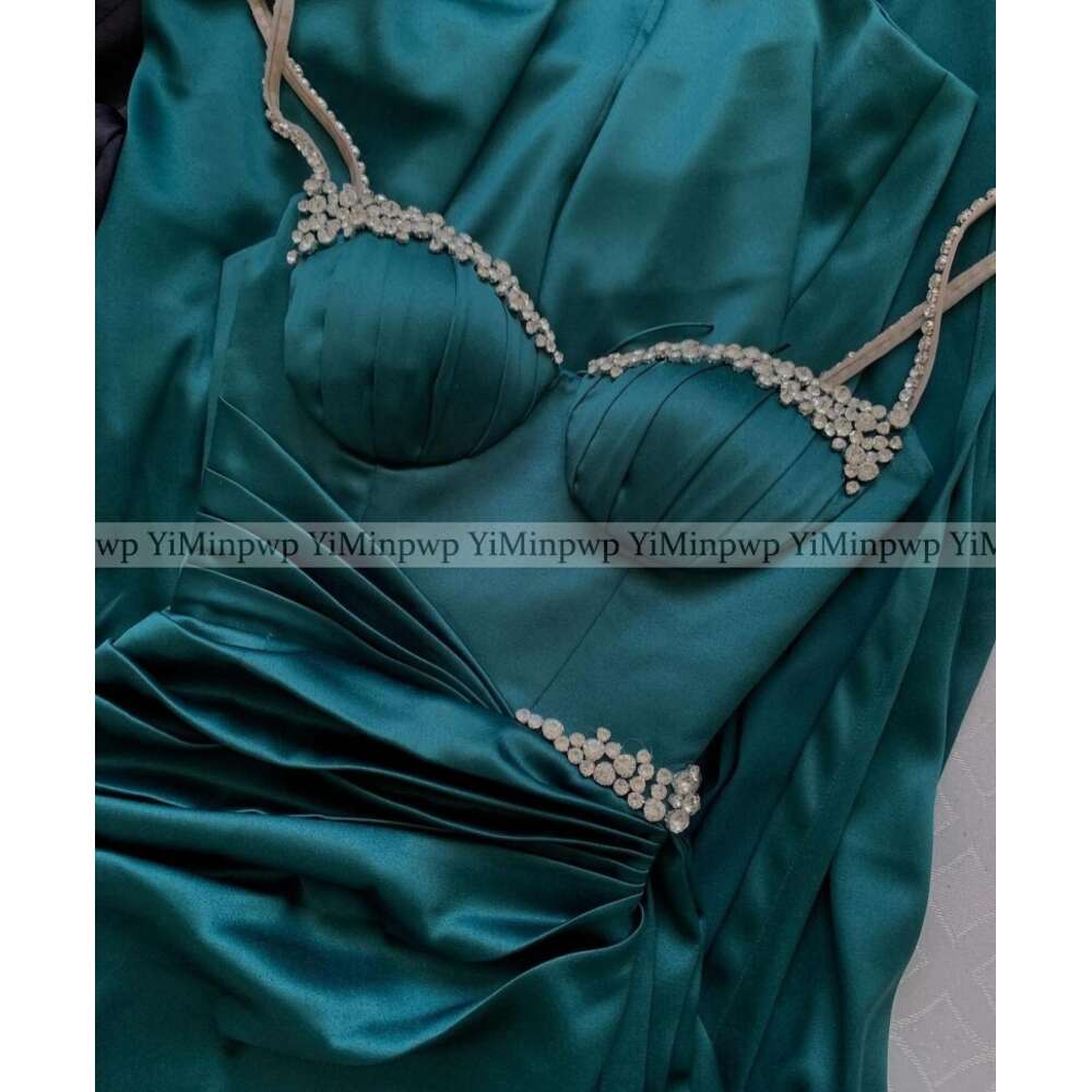 Hunter Green Mermaid Prom Dresses For Black Girls Spaghetti Thigh-High Slits Crystal Beads Matric Dance Party Gowns Bespoke 0920