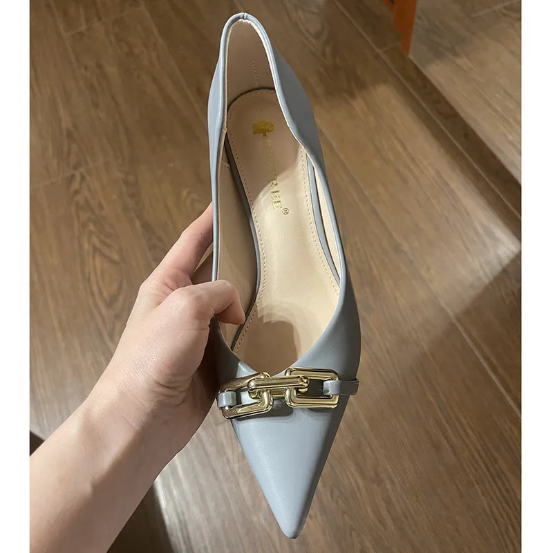 Women 7cm High Heels Pumps Lady Scarpins Fetish Nightclub Blue Nude Low Heels Wedding Party Metal Chain Buckle Fetish Prom Shoes 240617