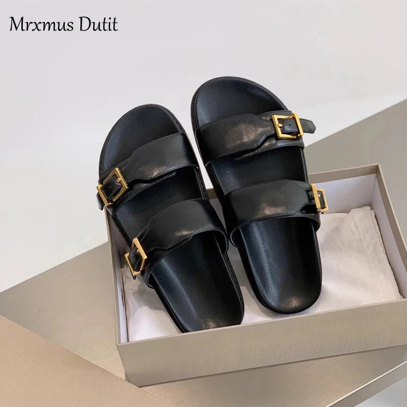 Mrxmus Dutit Summer British Retro Gold Buckle Casual Sandals Flat Fashion Leather Shoes Womens 250228